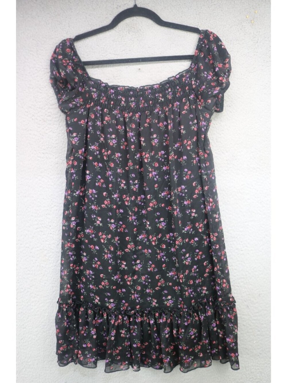 Black w/ Florals Off the Shoulder Sheer Chiffon Dress-Small-Whimsigoth-Y2K-Fairy